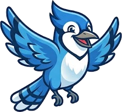 The WaywardJay mascot, a cheerful cartoon blue jay with wings spread
